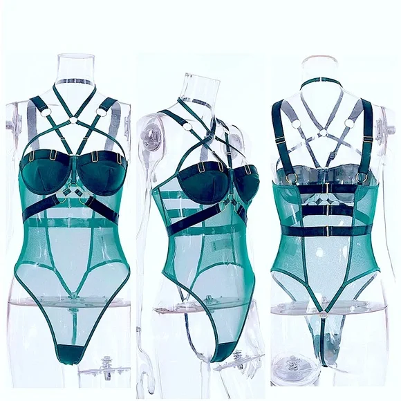 𝗡𝗪𝗧 pink body chain sexy bodysuit mesh silk y hoop bondage hot neon SML lingerie